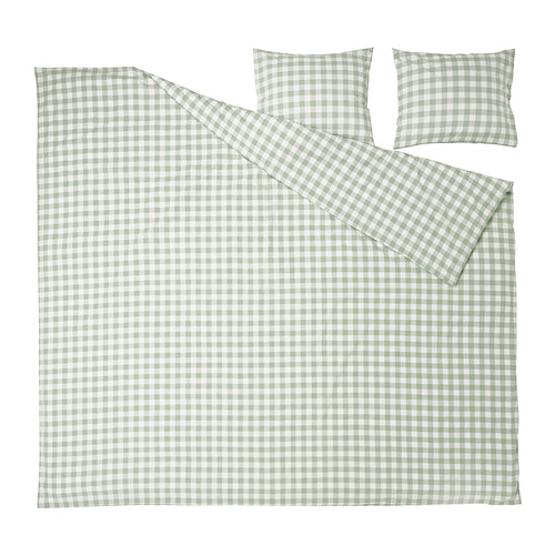 Conjunto de ropa de cama de cuadros vichy verde claro con estampado de cuadros blancos, confeccionado en algodón 100% orgánico.
