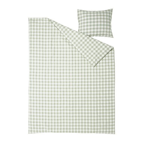 Un juego de fundas nórdicas EKTANDVINGE en estampado de cuadros vichy gris-verde/blanco pálido sobre algodón orgánico.