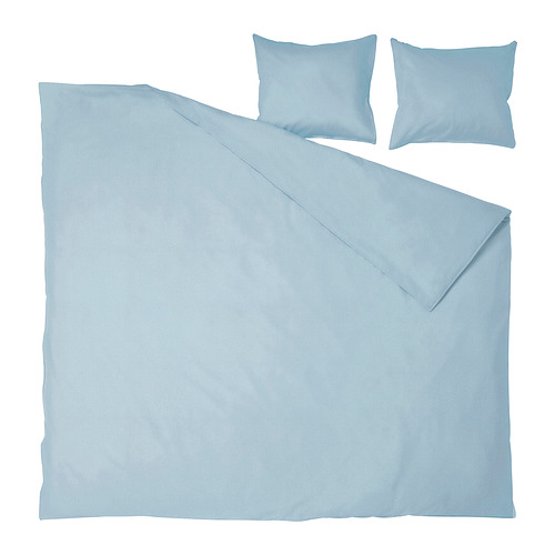 Un juego de cama azul claro llamado ÄNGSLILJA, de diseño liso con funda nórdica y fundas de almohada a juego de algodón prelavado.