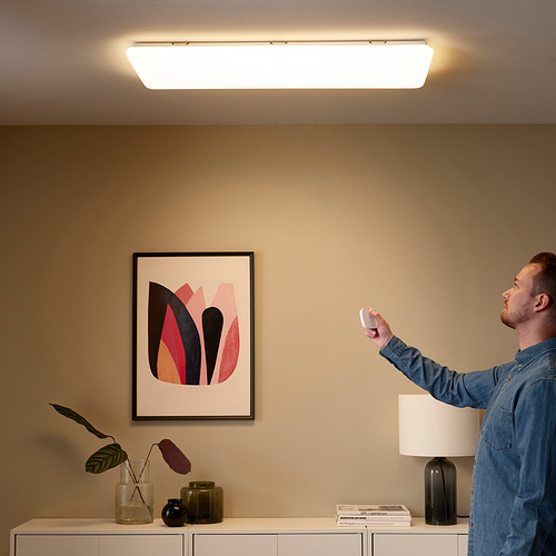 Hombre de pie, apuntando a distancia al panel de luz del techo. A su lado, un aparador sostiene una lámpara, un jarrón con flores y arte abstracto enmarcado.