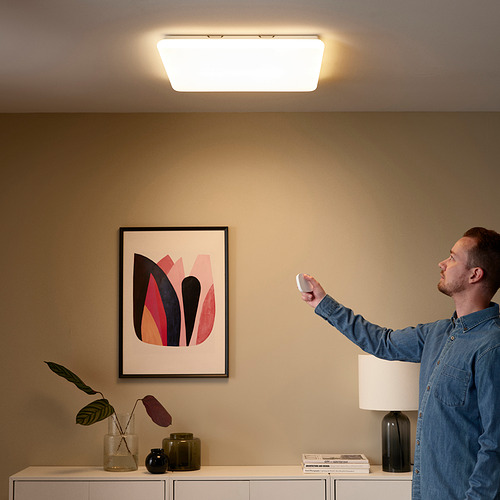 El hombre ajusta el control remoto del panel de luz en una habitación acogedora, cambiando la iluminación; El arte, la lámpara y las plantas decoran el espacio.