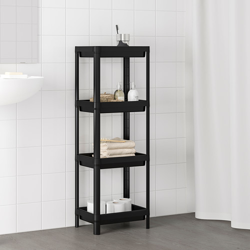 Estante de tres niveles VESKEN negro para artículos de tocador de baño.