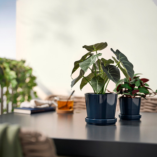 Dos plantas artificiales FEJKA en macetas sobre mesa con libro y vaso.