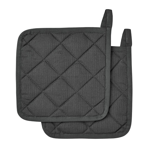 Dos agarraderas rectangulares negras con un diseño de rayas cruzadas acolchadas en algodón y poliéster, apiladas ordenadamente.