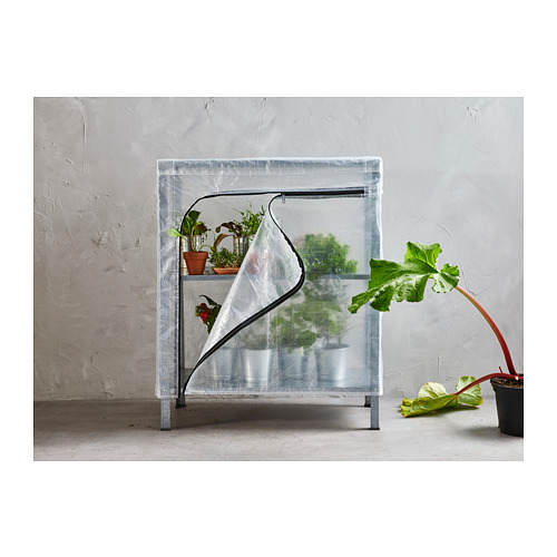 Pequeño invernadero interior con plantas en macetas sobre una estantería blanca contra una pared gris.