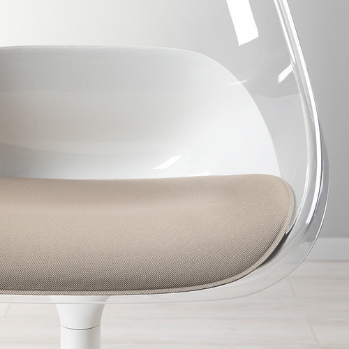 Moderna silla giratoria con carcasa transparente y asiento acolchado, con un diseño elegante y un cómodo acolchado.