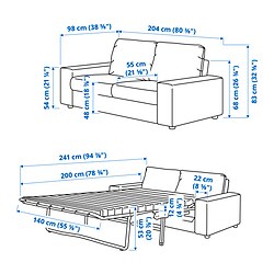 Ilustración de medidas - VIMLE sofá cama 2 plazas con reposabrazos anchos