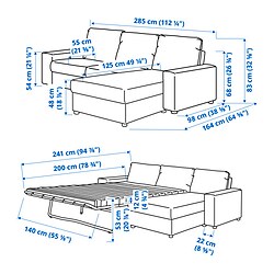 Ilustración de medidas - VIMLE sofá cama 3 plazas con chaiselongue y reposabrazos anchos