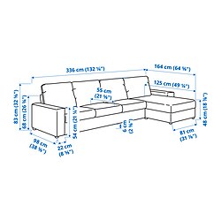 Ilustración de medidas - VIMLE sofá 4 plazas con chaiselongue