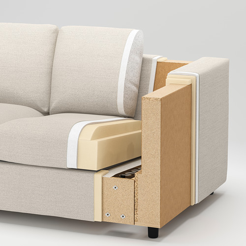 Un sofá beige con capas internas expuestas. La madera, la espuma, el acero y la tela son visibles en su construcción.