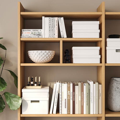 Estanterías de madera con libros, cajas, cuenco y estatua.