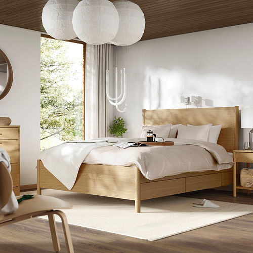Estructura de cama TONSTAD: ligera, papel de nido de abeja y roble, cajones de cierre suave, ahorro de espacio.