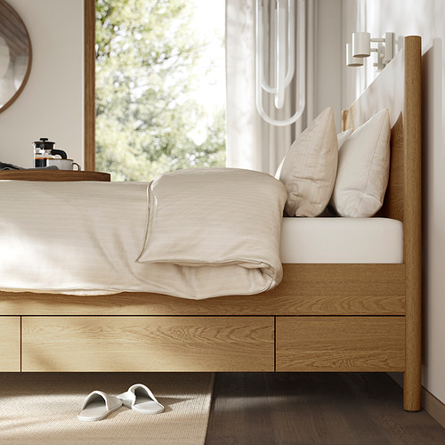 Cama con cajones de cierre suave debajo, diseño clásico, chapa cepillada, somier, somieres ajustables.