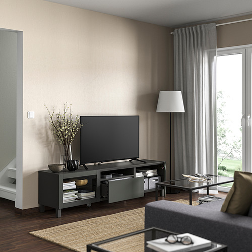 Mueble de TV LAPPVIKEN gris oscuro para salón moderno con un diseño elegante y varios cajones, adecuado para un almacenamiento organizado.
