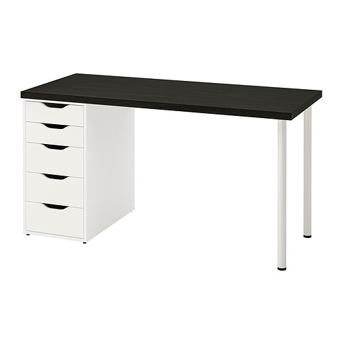 Modern desk with five drawers, black top, white base, sturdy metal legs.
