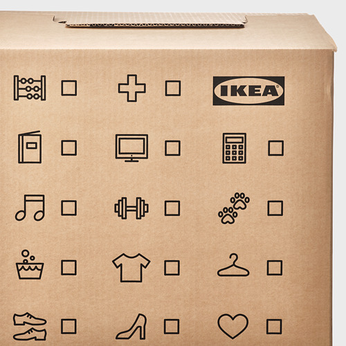 Caja de cartón con varios iconos y el logotipo de ikea, adecuada para mover y organizar artículos.