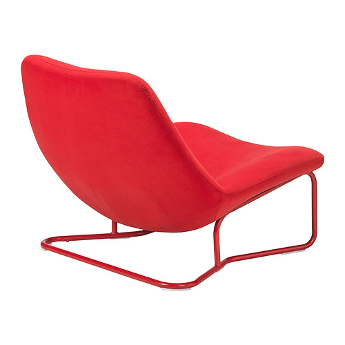 Silla moderna de color rojo brillante; Elegante estructura de metal, asiento ancho, respaldo curvo.