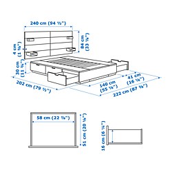 Ilustración de medidas - NORDLI cama con 6 cajones y cabecero