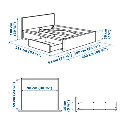 Measurement Illustration - MALM Queen high bed frame with 2 storage boxes
