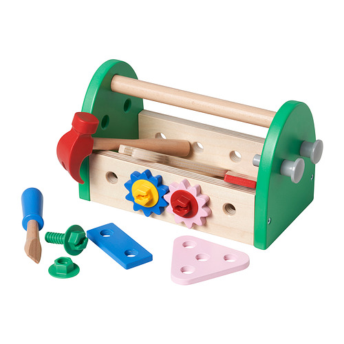 Wooden childrens toolbox, green and beige, with colorful gears, hammer, screwdriver, and bolts.
