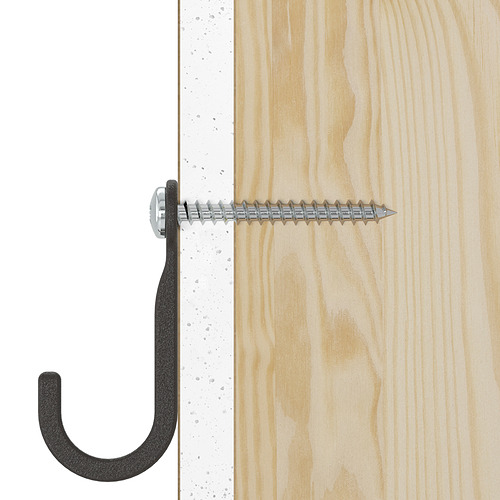 Gancho negro sobre tabla de madera para montaje en pared.