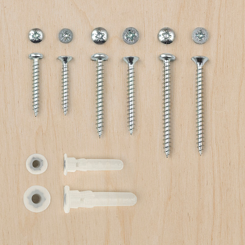Tornillos y tacos de pared TRIXIG en caja, tamaños y tipos variados, plateados y blancos, formas diversas, diseño organizado.