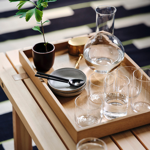 Bandeja de madera con tazas de vidrio transparente, una jarra, una taza negra con una planta verde y un plato pequeño con una cuchara.