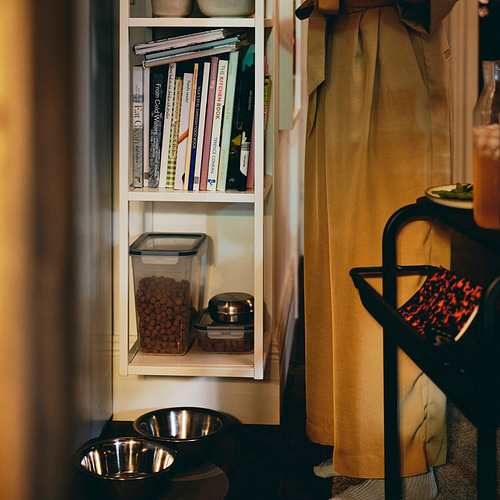 El estante abierto tiene un recipiente de plástico transparente para alimentos, probablemente para alimentos para mascotas, y tazones de metal debajo.