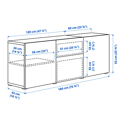 Measurement Illustration - BESTÅ display cabinet with drawer runner, soft-closing