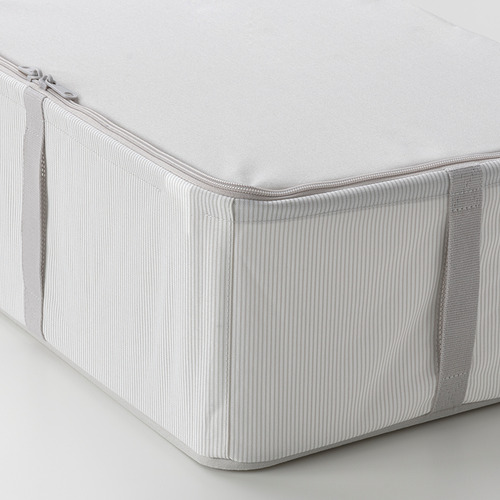 Caja de almacenamiento de tela apilable con base resistente, cierre de cremallera y líneas limpias para un almacenamiento organizado.