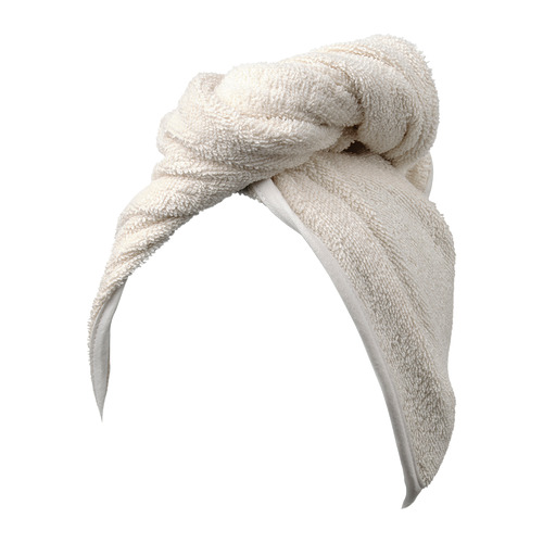 Toalla de pelo STJÄRNBUSKE, marfil, mezcla de algodón suave, estilo turbante, diseño anudado.