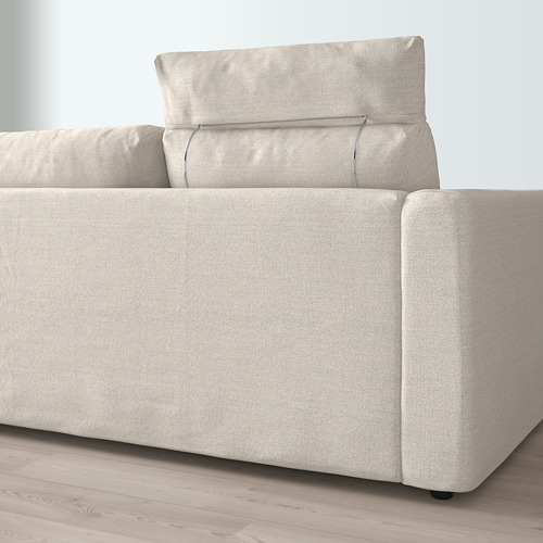 Sofá VIMLE de tonos neutros con reposacabezas ajustable, cojines suaves y almacenamiento oculto.