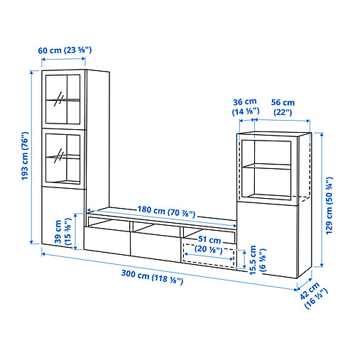 Measurement Illustration - BESTÅ TV storage combinationwith drawer runner, soft-open