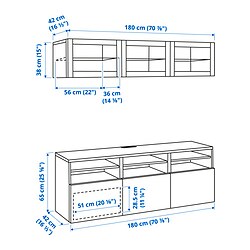 Ilustración de medidas - BESTÅ mueble TV con riel para cajón con cierre suave