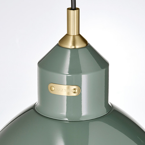 Moderna lámpara colgante verde con detalles dorados y etiqueta de 16w.
