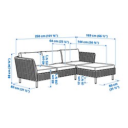 Ilustración de medidas - VITTSKÄR sofá de exterior 3 plazas con chaiselongue y reposabrazos