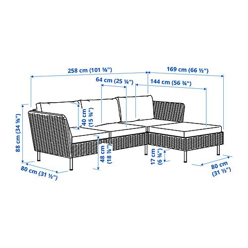 VITTSKÄR, sofá de exterior 3 plazas con chaiselongue y reposabrazos. 4 de 4 abrir diálogo