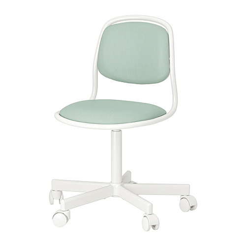 Silla de escritorio moderna blanca con asiento y respaldo verde claro, cinco ruedas giratorias, forma cuadrada, asiento acolchado.