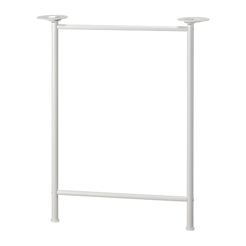 Un marco de mesa LINNMON blanco. Es simple, minimalista y está hecho de metal. La estructura es rectangular, con cuatro patas y travesaños de apoyo.