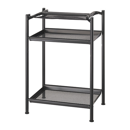 LAGKAPTEN: escritorio de metal negro con dos estantes, diseño elegante, patas ajustables.