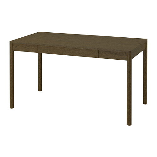 Un escritorio de madera de roble TONSTAD de color marrón oscuro, con tablero rectangular y cuatro patas rectas, con un diseño clásico.