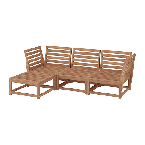 Juego de sofás de exterior NÄMMARÖ, madera marrón claro, respaldo rectangular, asientos de láminas, incluye sofá y dos mesas auxiliares.