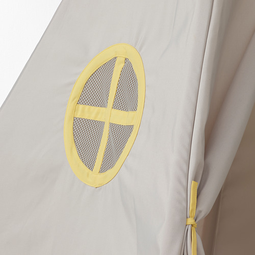 Carpa infantil gris claro con ventana y corbata de malla amarilla, mostrando calidad y diseño.