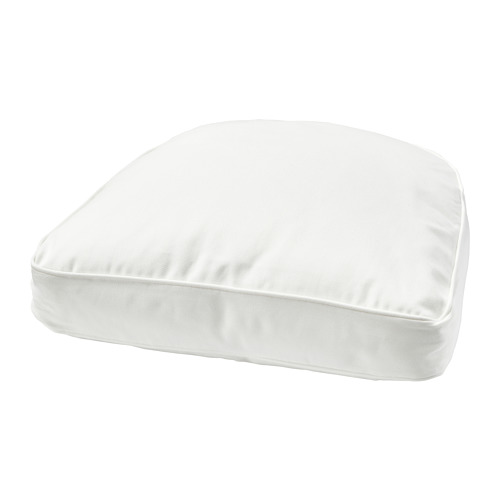 Cojín BUSKBO blanco, rectangular, tapizado en tela, para mayor comodidad.