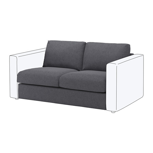 Moderno sofá VIMLE de tela gris con líneas limpias y detalles en blanco.