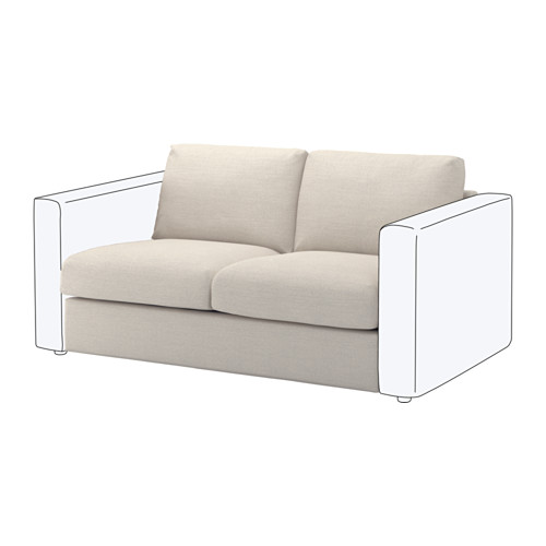 Moderno sofá beige, VIMLE, colocado sobre cuatro patas, con líneas limpias y cojines cuadrados.