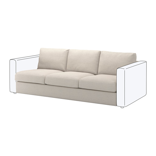 El sofá VIMLE, se caracteriza por su color beige, su forma rectangular y su diseño minimalista. Está cubierto con un tejido duradero similar a la lana.