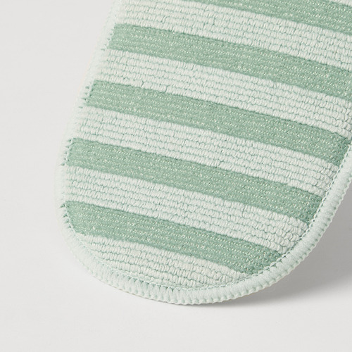Primer plano de la almohadilla de microfibra PEPPRIG, suave, texturizada con rayas verdes y blancas, ideal para una limpieza suave.