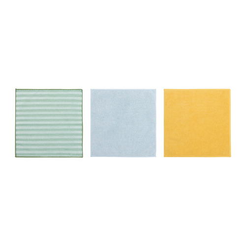 Tres paños de limpieza cuadrados en verde, azul claro y amarillo, cada uno con una textura suave.