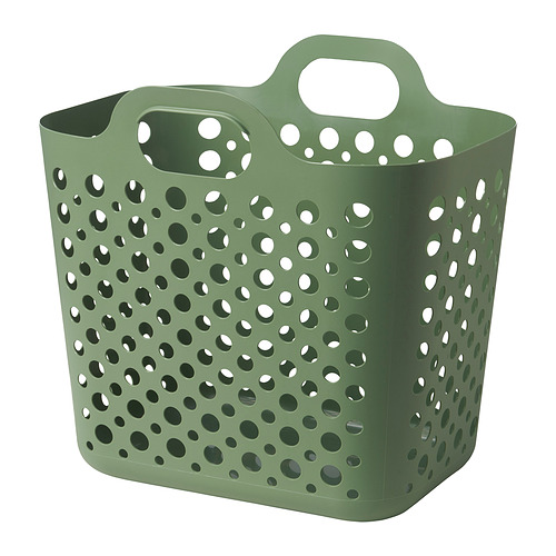 Cesta de lavandería perforada verde con asas para ventilación, fabricada en plástico de polietileno.